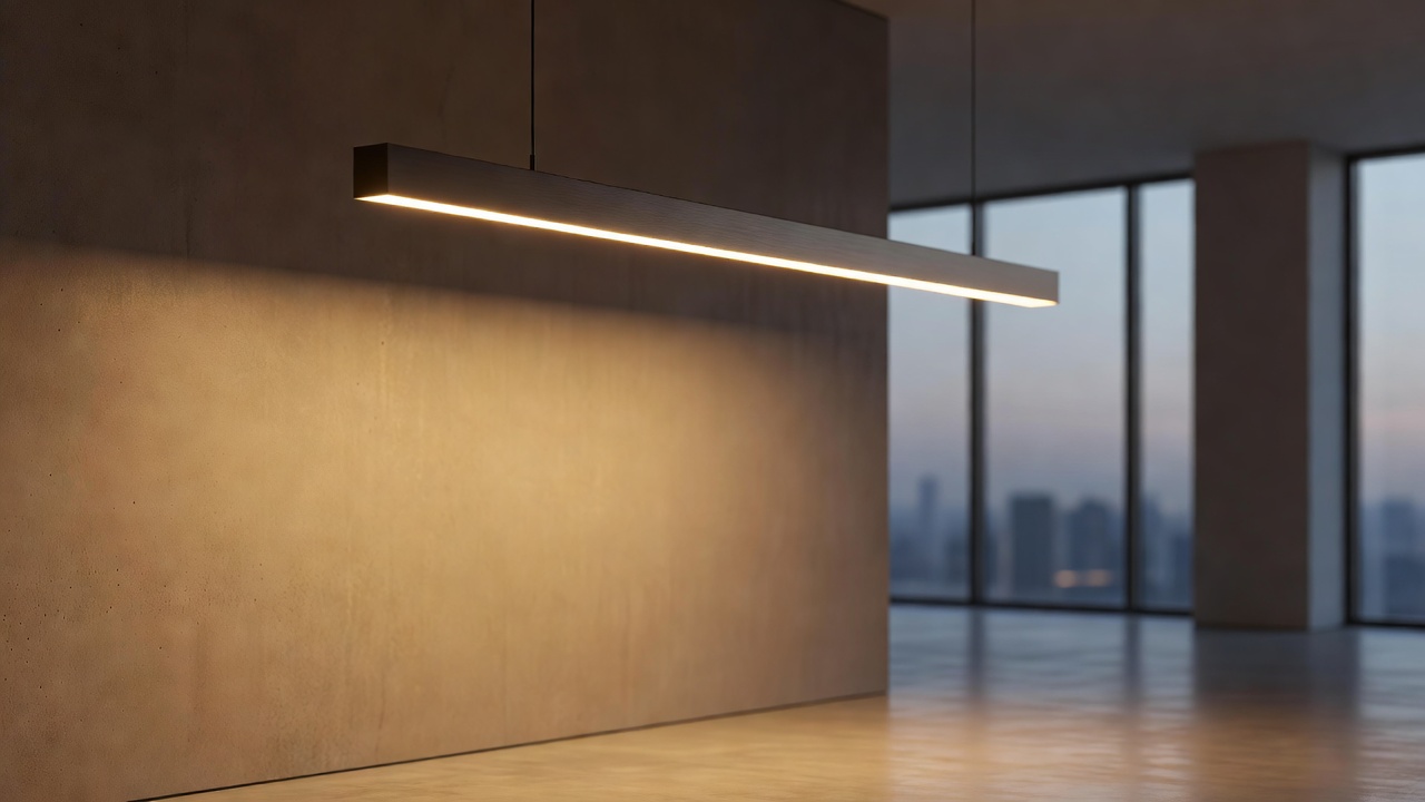 A modern architectural lighting fixture casting a warm glow