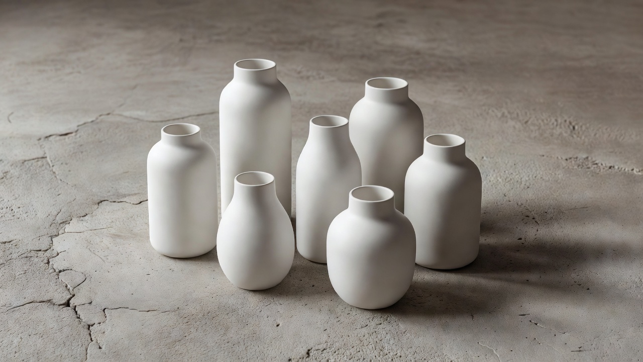 Minimalist white ceramic vases grouped on a textured surface